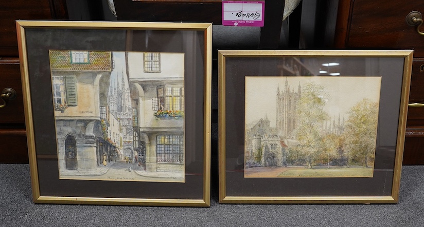 S.J. Nash (1891-1960), two watercolours, Canterbury views, each signed, largest 29 x 27cm. Condition - good